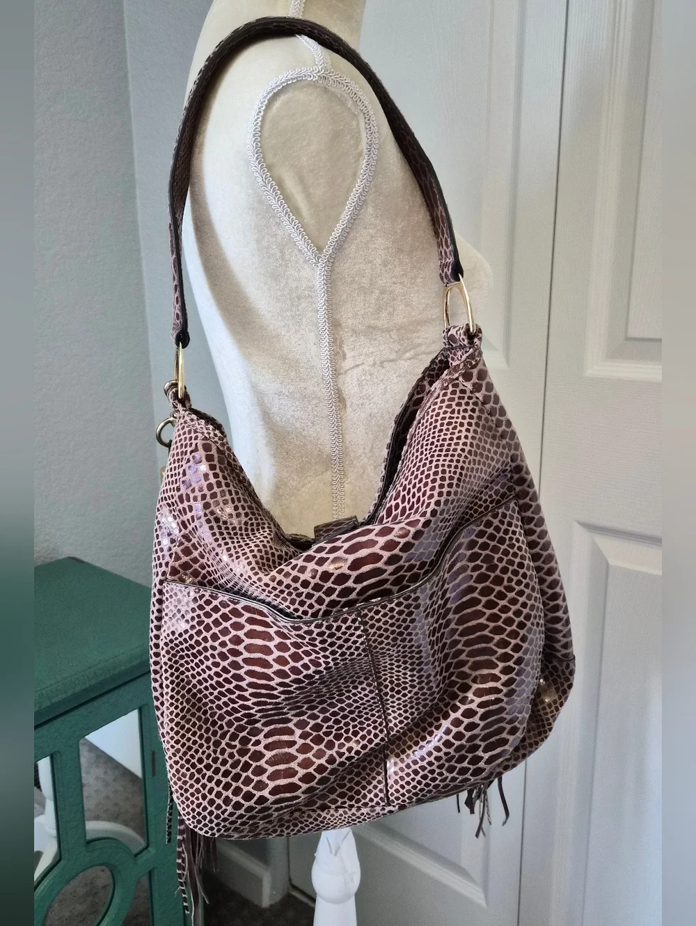 G.I.L.I. Got It Love It Snakeskin Embossed Leather Fringe Hobo Bag Brown